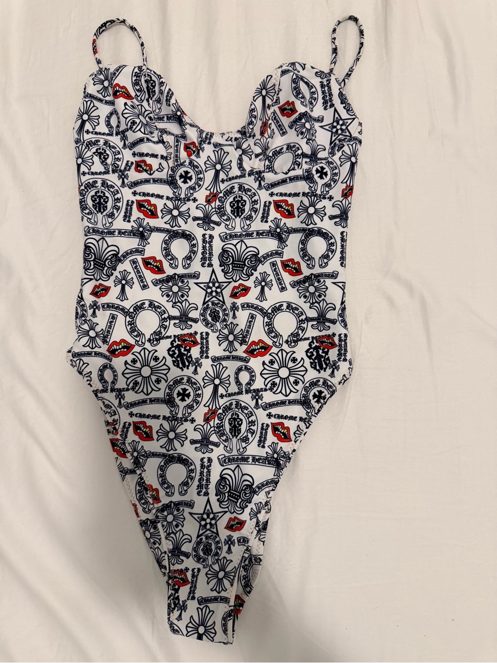 Chrome Hearts White One-Piece with Black Graphic Print and Red Lip Accents